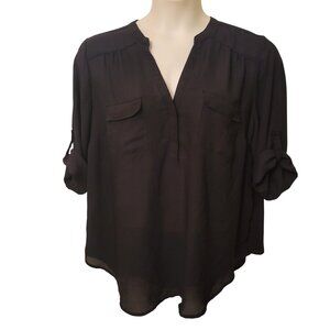 Torrid 1X Black V Neck Blouse Roll Tab Sleeves Sheer Top Pockets HARPER Georgett